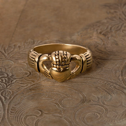Handcrafted Vintage 18k Antique Yellow Gold Electroplated Irish Claddagh Ring Made in USA