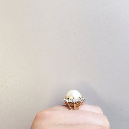Vintage 1970's Pearl Bead and Austrian Crystal Ring 18k Yellow Gold Electroplated Made in USA