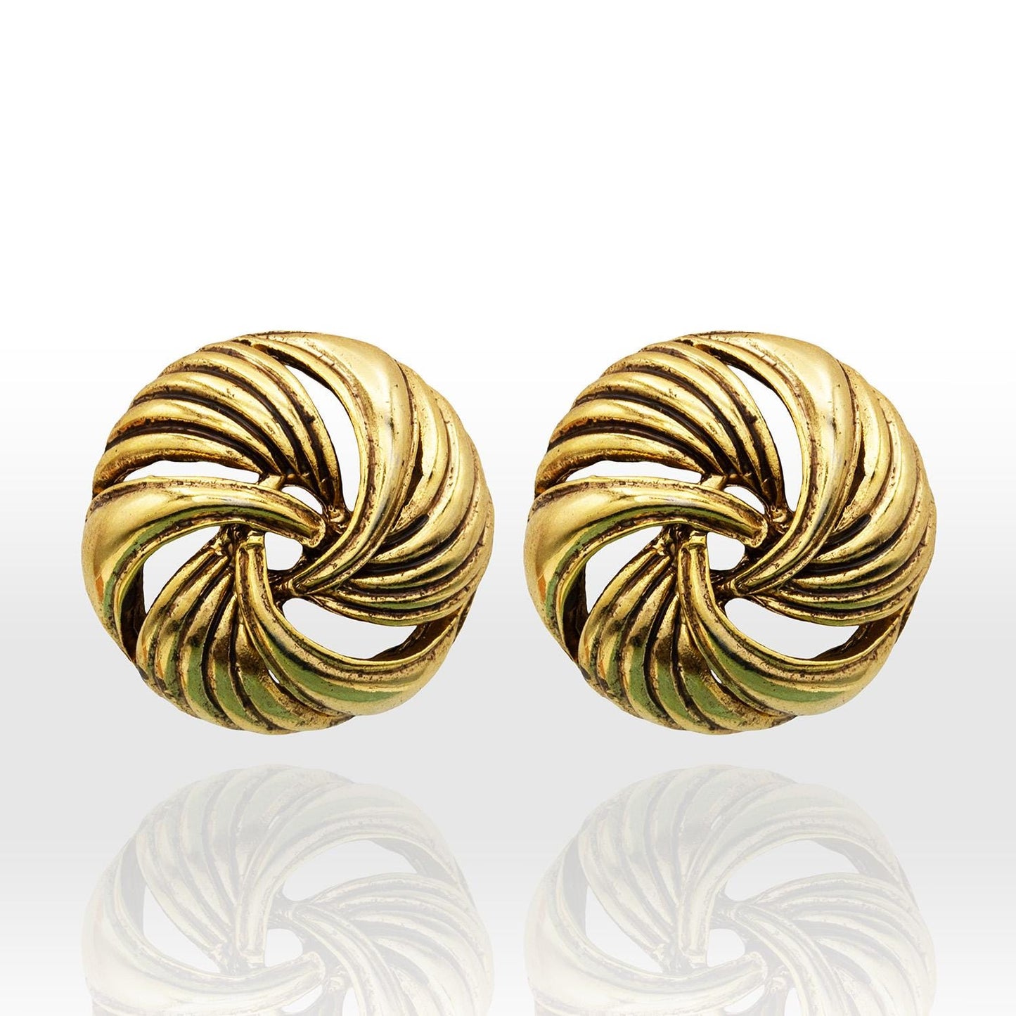 Vintage Oscar de la Renta Womens Button Earrings Gold Plated Pierced Post Statement Swirl Design Antique Designer Jewelry for Women Signed
