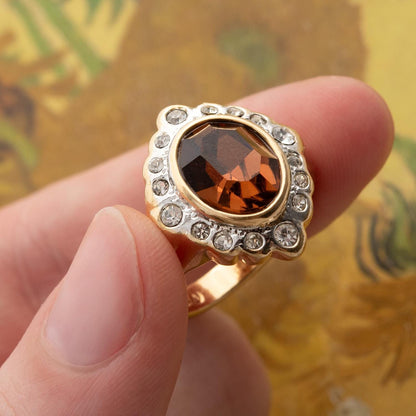 18k Gold Electroplated Smoke Topaz Crystal Girls November Birthstone Ring Vintage Victorian Design with Austrian Crystals