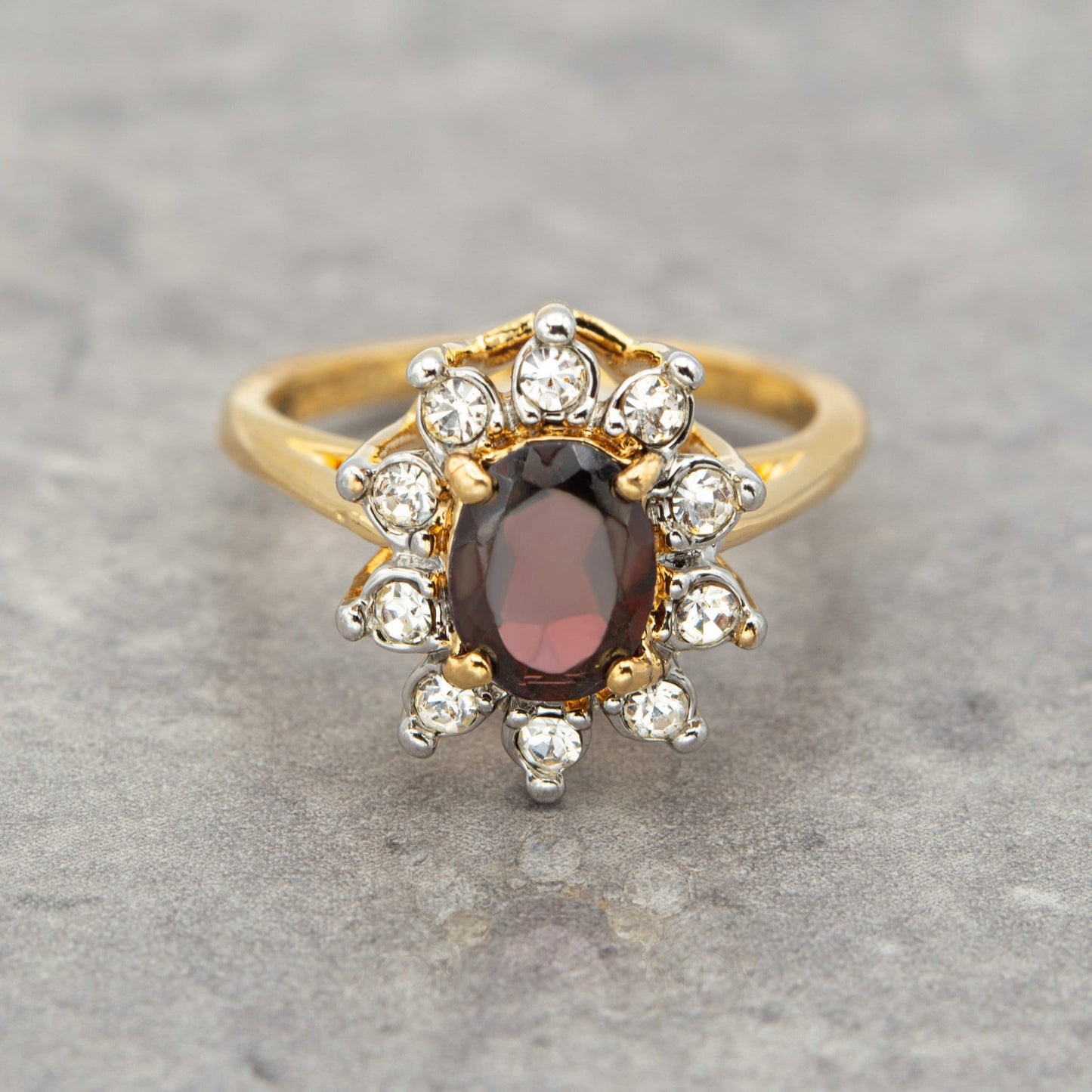 Vintage Genuine Garnet and Clear Austrian Crystals Women's Ring 18kt Gold Electroplated R617 January Birthstone