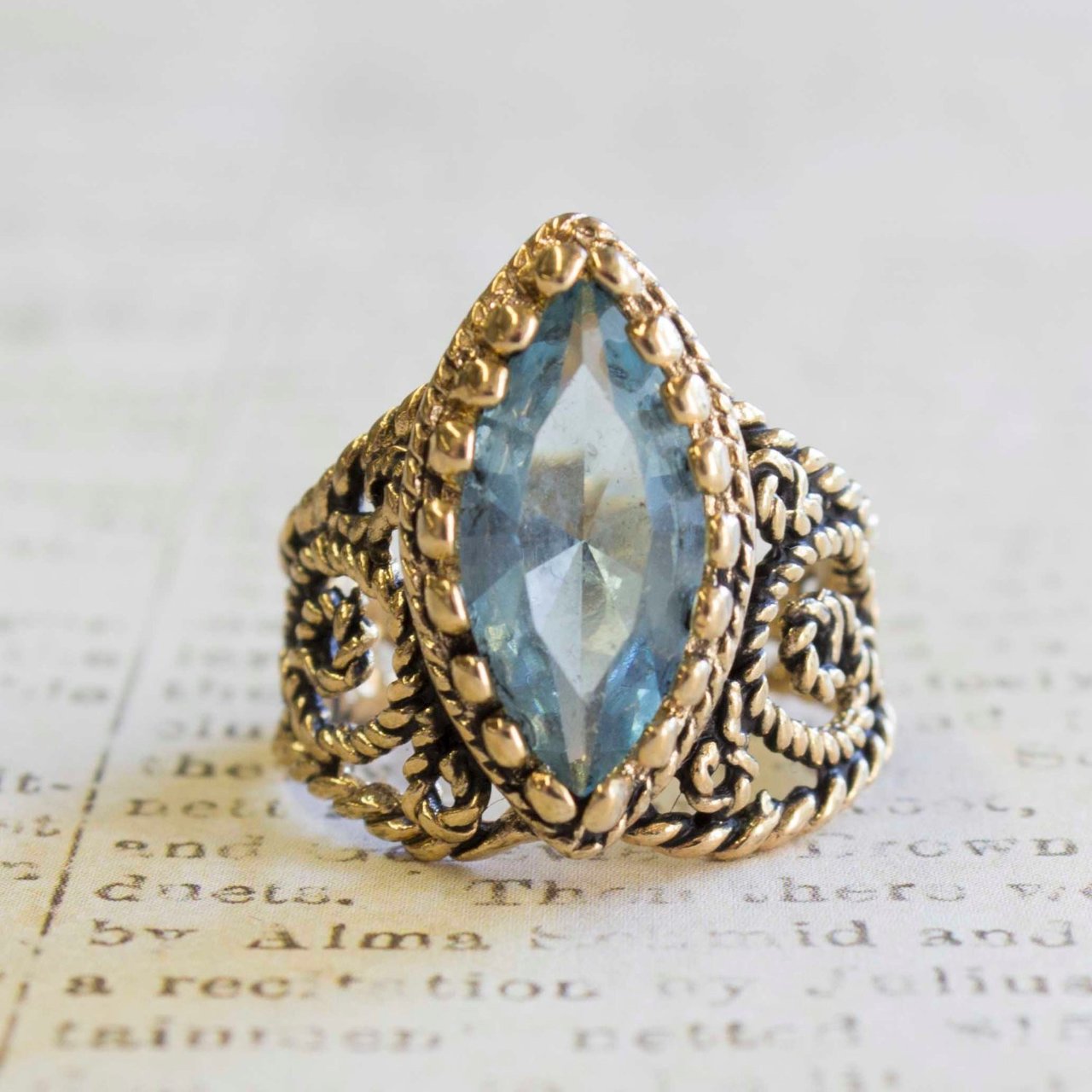 Vintage Filigree Ring Aquamarine Austrian Crystal Antiqued 18k Yellow Gold Electroplated