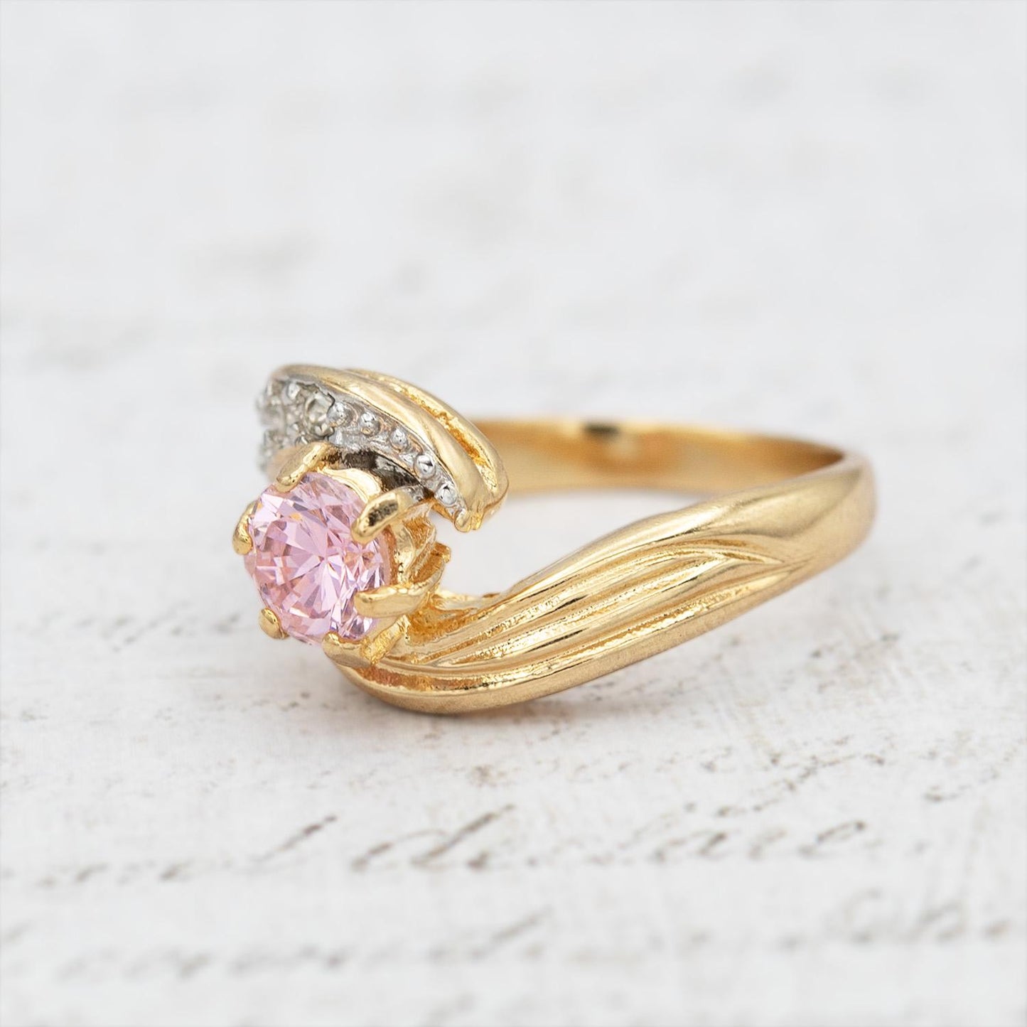 Vintage 18k Gold Electroplated Ring Pink Tourmaline Cubic Zirconia and Crystals Antique Woman Rings October Birhtstone