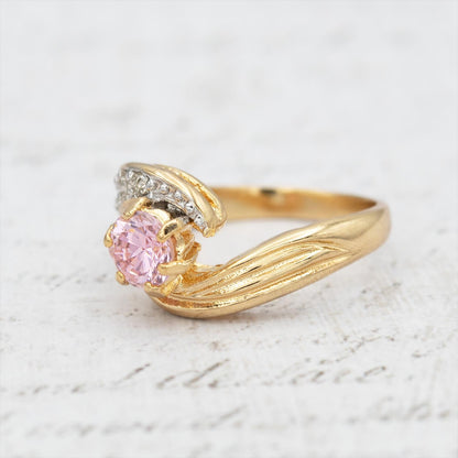 Vintage 18k Gold Electroplated Ring Pink Tourmaline Cubic Zirconia and Crystals Antique Woman Rings October Birhtstone