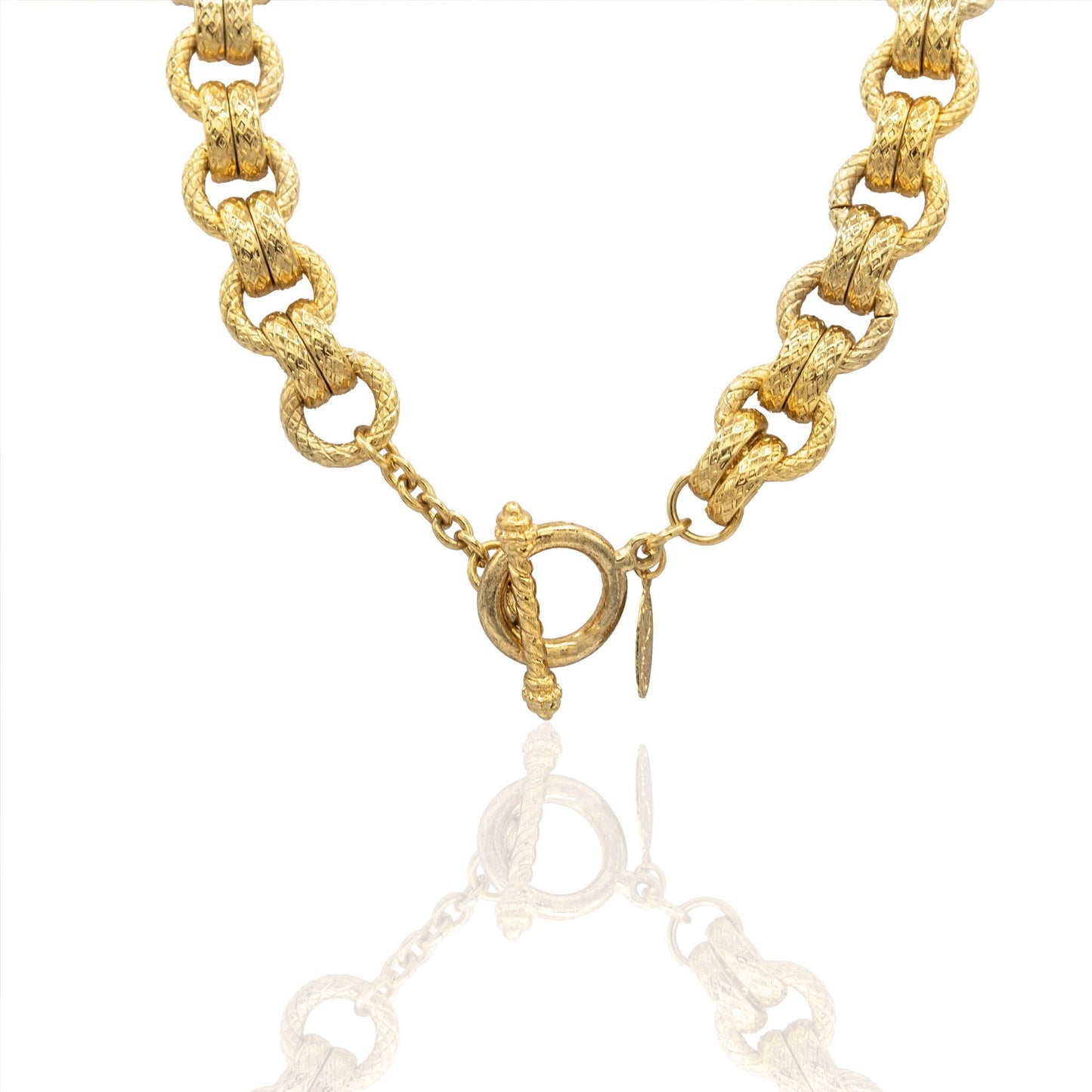Vintage Oscar de la Renta Linked 18" Womens Antique Yellow Gold Plated Necklace Toggle Closure Link Chain Necklace for Women