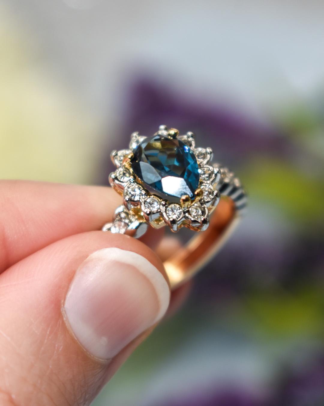 Vintage 18k Gold Electroplated Ring:Cubic Zirconia and Crystal, 1990s Jewelry