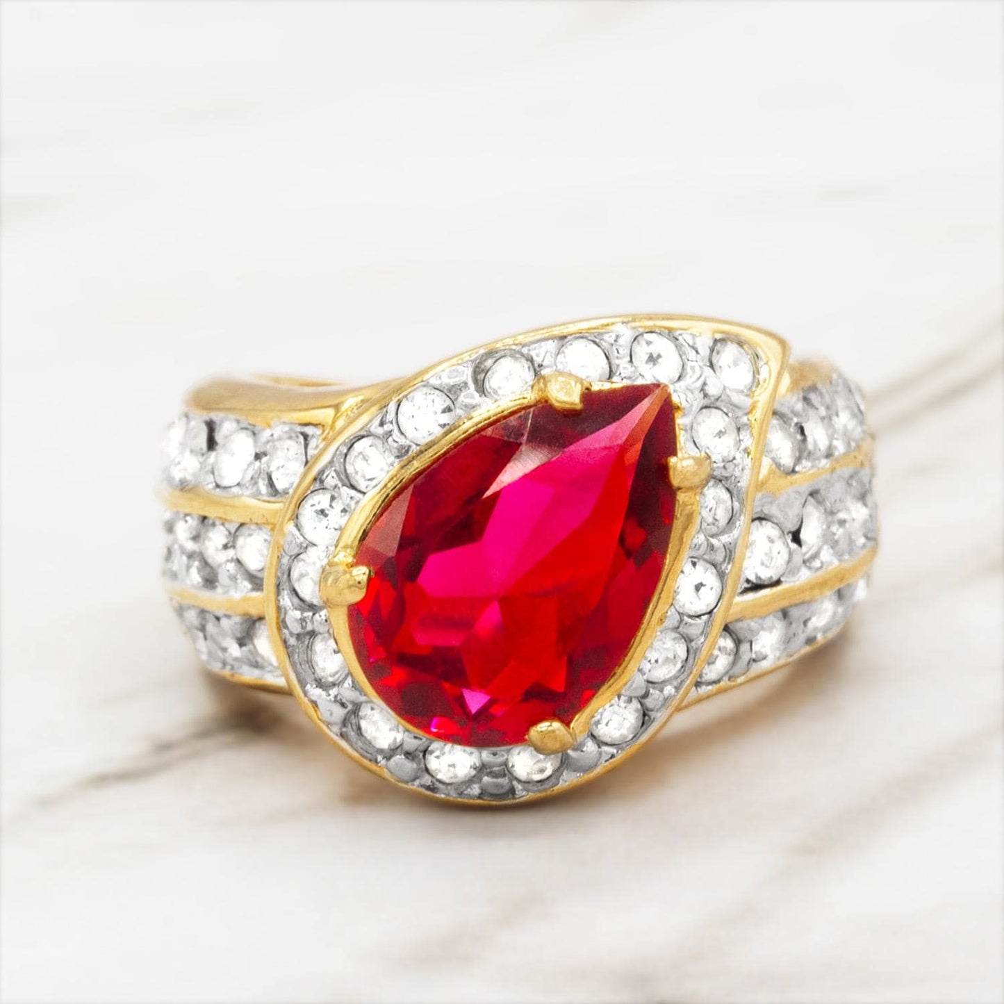 Vintage Ring 1980s Ring Ruby and Clear Austrian Crystals 18k Gold Electroplated Womens Statement Ring