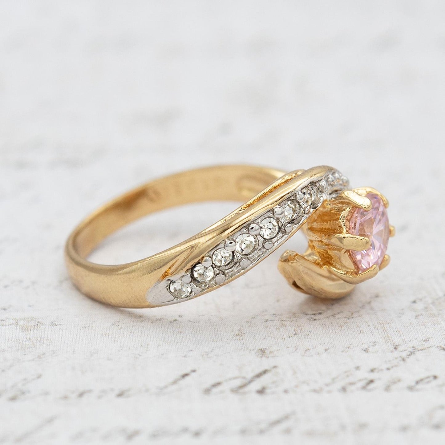 Vintage 18k Gold Electroplated Ring Pink Tourmaline Cubic Zirconia and Crystals Antique Woman Rings October Birhtstone