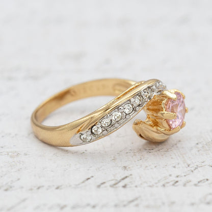 Vintage 18k Gold Electroplated Ring Pink Tourmaline Cubic Zirconia and Crystals Antique Woman Rings October Birhtstone
