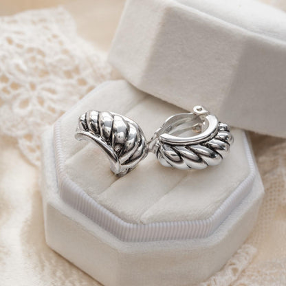 Womens Vintage Oscar de la Renta Clip Earrings Weave Silver Jewelry Hoop Earring Handmade Antique Made in USA Antique Designer Antique