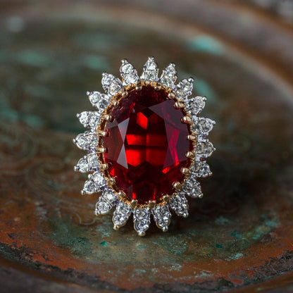 Vintage Ruby and Clear Austrian Crystal Cocktail Ring 18k Gold Electroplated Made in USA