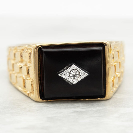 Vintage Ring 1980s Mens Onyx and Austrian Crystal 18kt Gold Plated Antique Ring #R6001 - Limited Stock - Never Worn