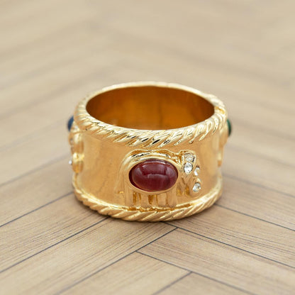 Vintage 1970s 18kt Gold Electroplated Womens Ring Ruby, Sapphire & Emerald Glass Cabochon Handmade Womens Antique Gold Band Birthstone Rings