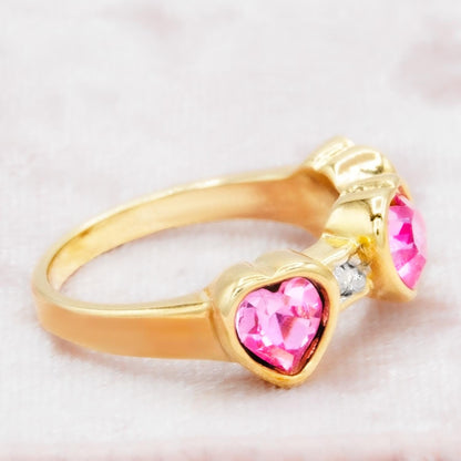 Vintage Ring Pink Crystal Triple Heart Womens Ring 18k Gold Electroplated Stacking Valentine's Day Womans Gifts Antique Jewelry