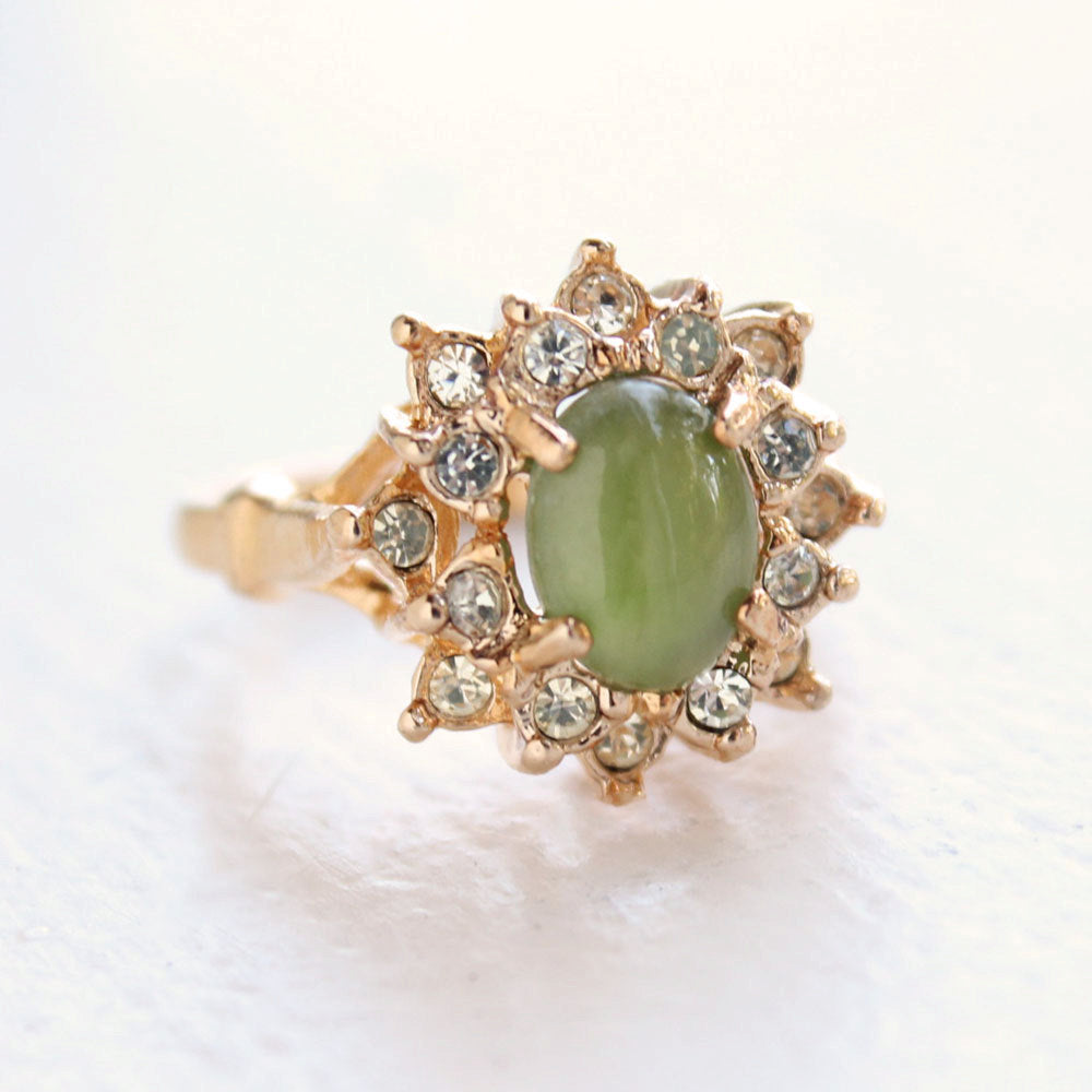 Vintage Ring Genuine Jade surrounded with Austrian Crystals 18k Yellow Gold Electroplated