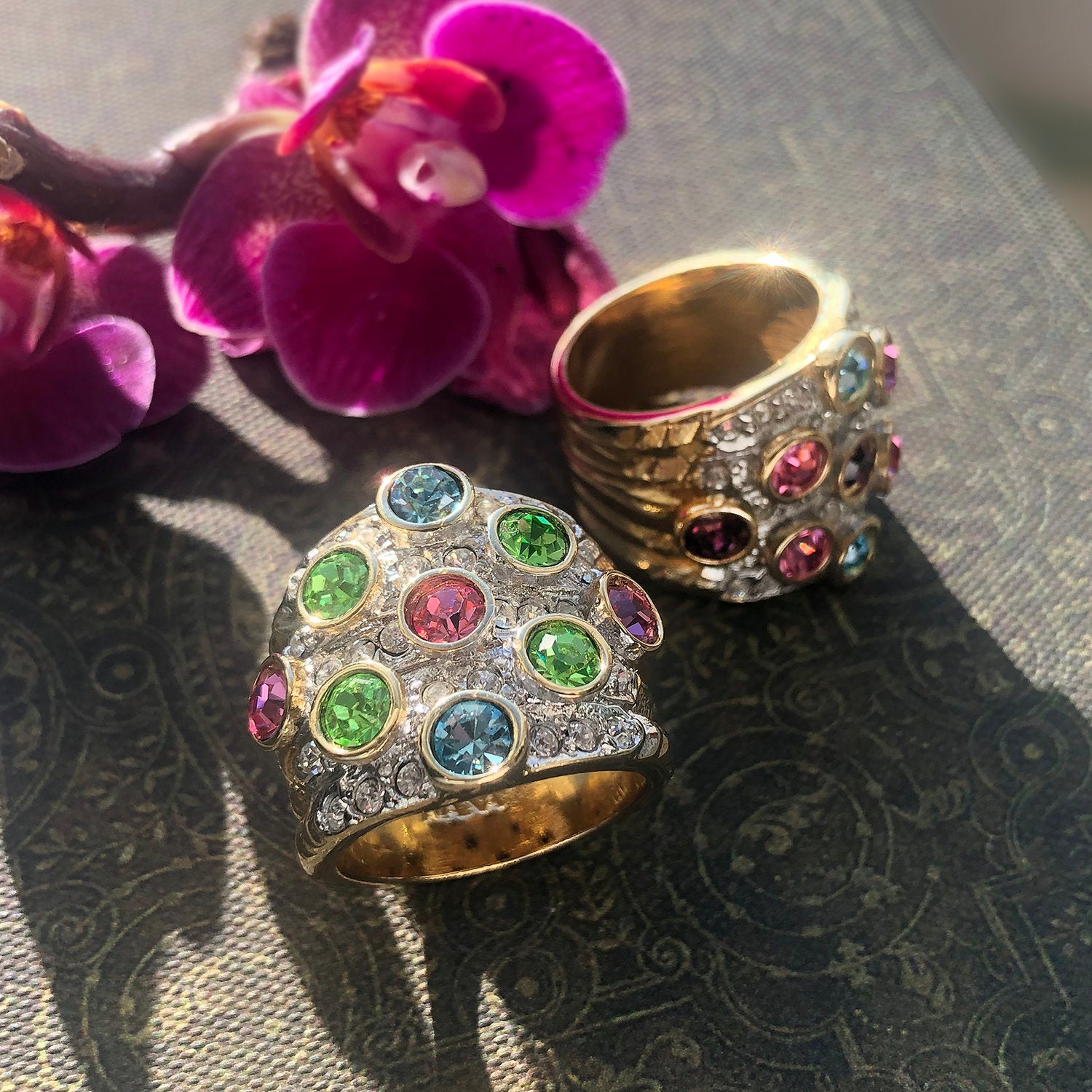 Vintage Pave Pastel Multi Color Crystals and Clear Austrian Crystal Ring 18k Yellow Gold Electroplated Made in USA