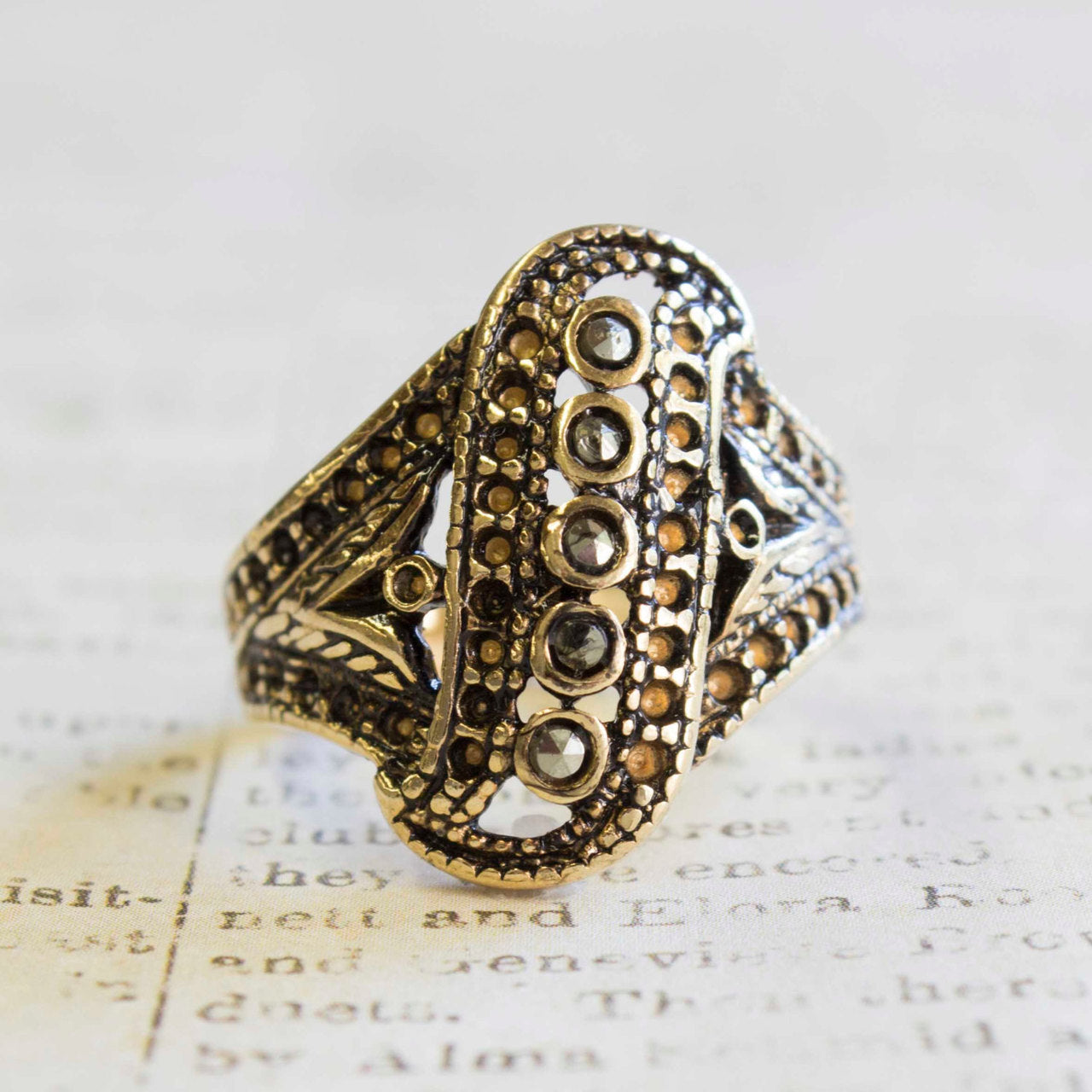 Vintage Genuine Marcasite Ring Antiqued 18k Yellow Gold Electroplated Filigree Setting Made in USA