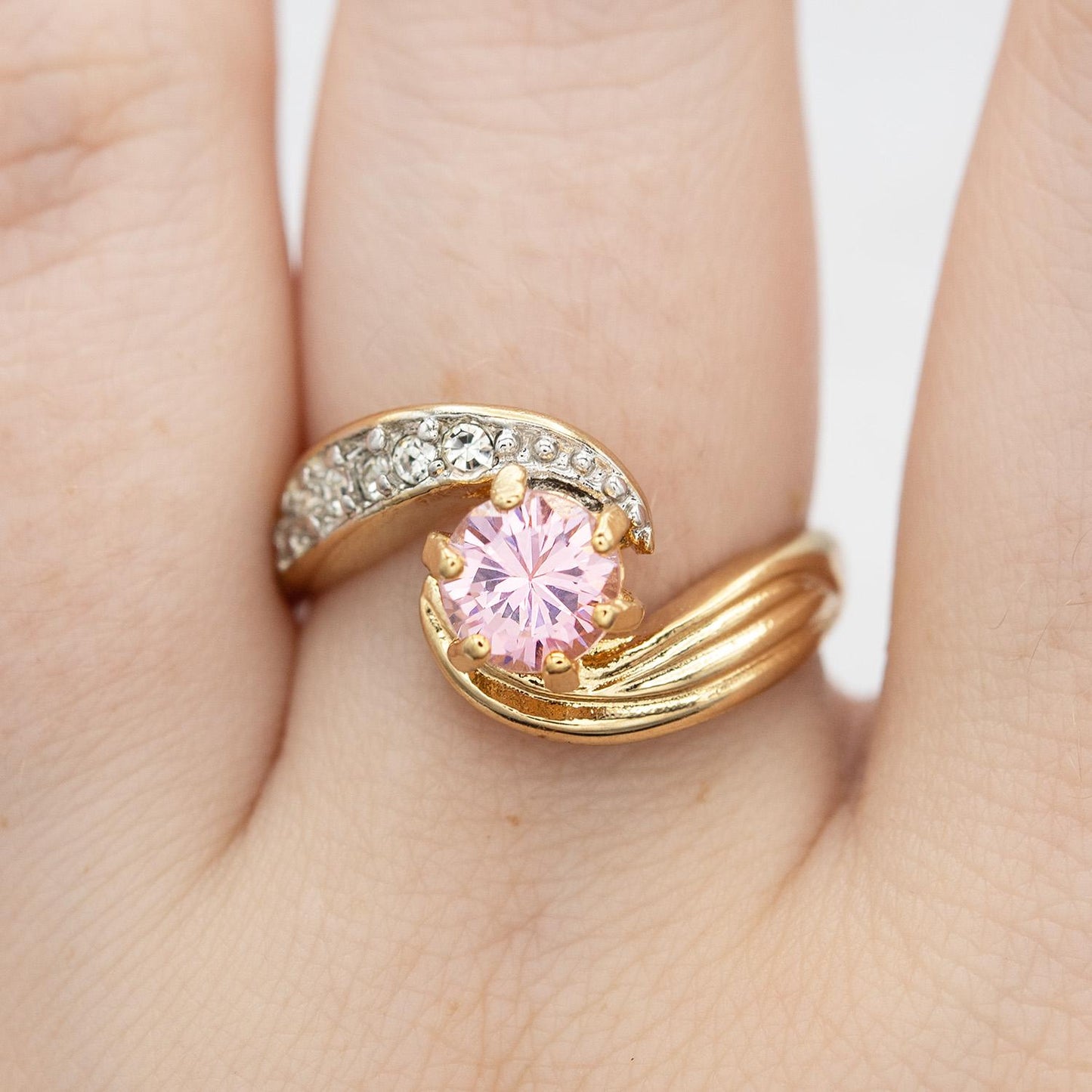 Vintage 18k Gold Electroplated Ring Pink Tourmaline Cubic Zirconia and Crystals Antique Woman Rings October Birhtstone