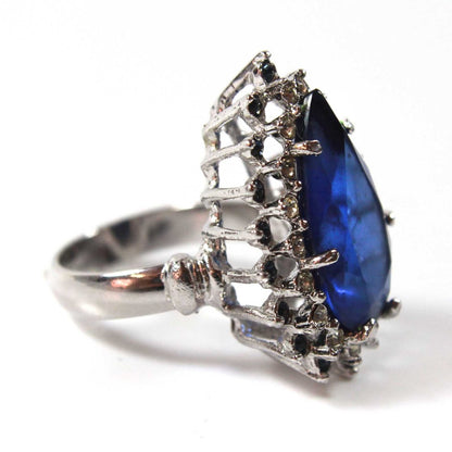 Vintage Teardrop Ring Sapphire and Clear Austrian Crystals 18k White Gold Electroplated Ring