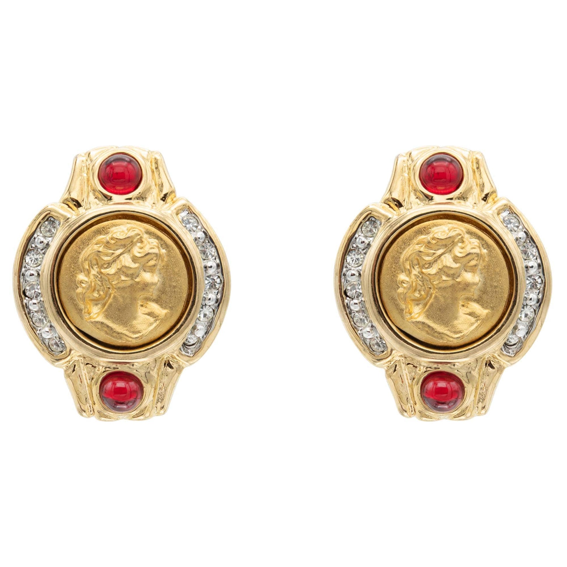 Anastasia Vintage Antique Gold Earrings Coin with Ruby and Clear Crystals E4089-CY