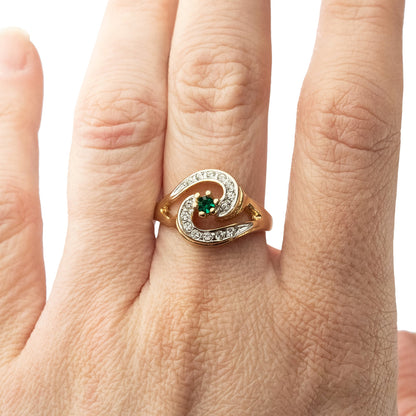 Vintage Emerald Cubic Zirconia 18k Yellow Gold Plated Ring with Clear Austrian Crystals Made in USA