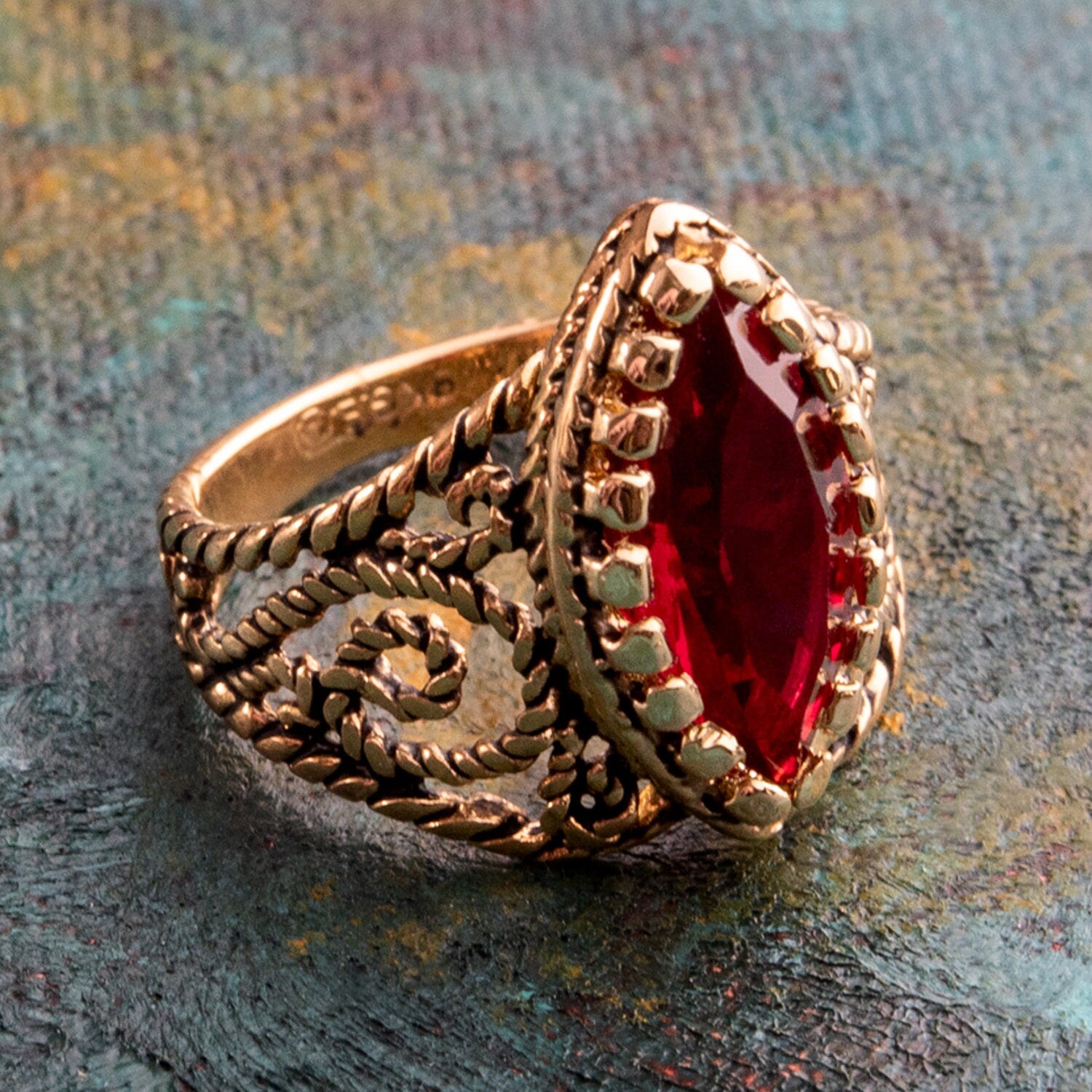 Vintage Ring Austrian Crystal Antique 18k Gold Filigree Edwardian Style  Womans Victorian Jewelry R1444 - Ruby Gold / 5