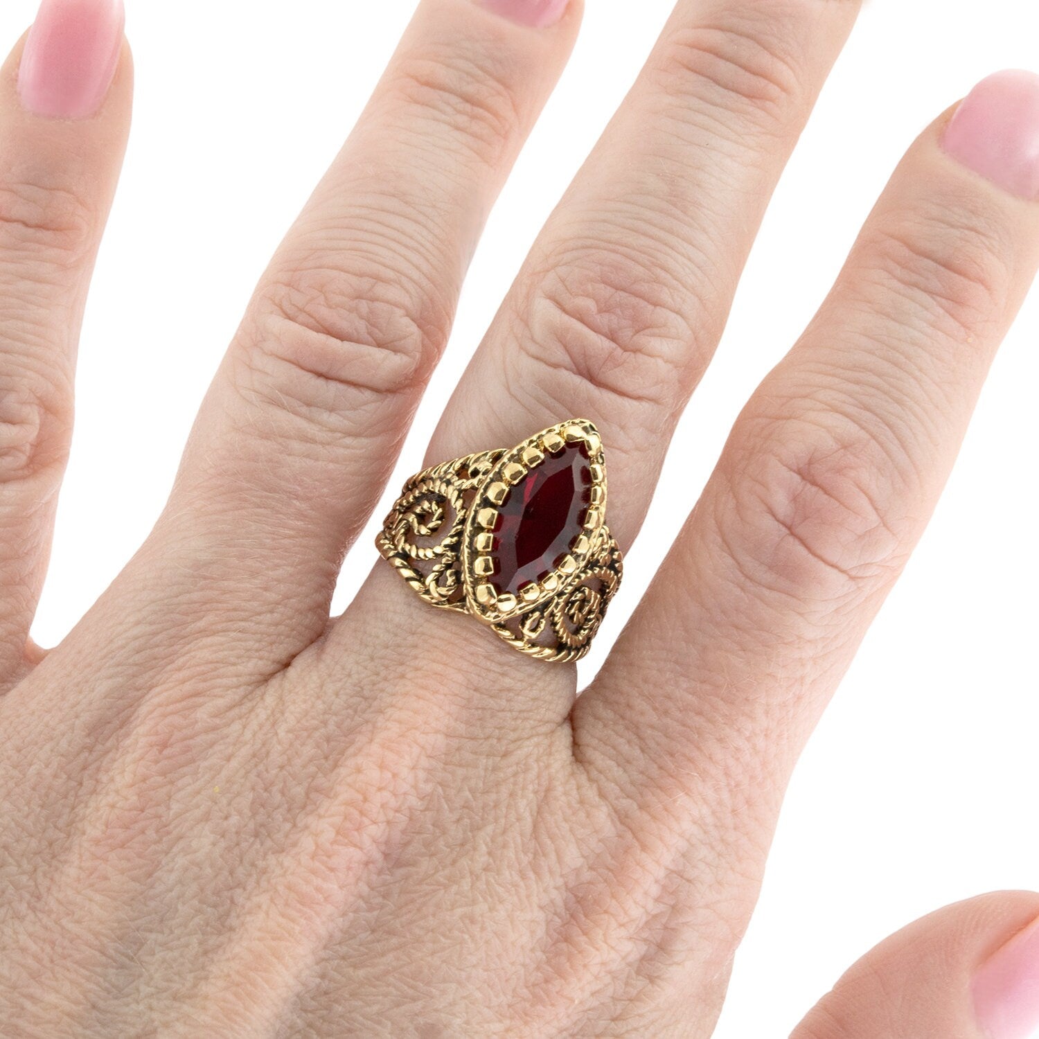 Vintage Ring Austrian Crystal Antique 18k Gold Filigree Edwardian Style  Womans Victorian Jewelry R1444 - Ruby Gold / 5