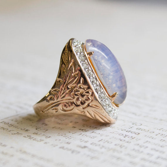 Vintage Large Opal and Clear Austrian Crystals 18kt Yellow Gold Electroplated Cocktail Ring Made in USA