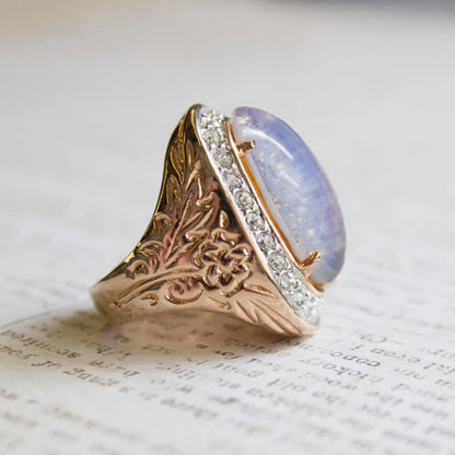 Vintage Large Opal and Clear Austrian Crystals 18kt Yellow Gold Electroplated Cocktail Ring Made in USA