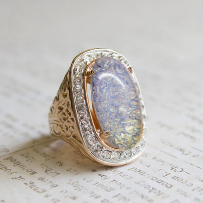 Vintage Large Opal and Clear Austrian Crystals 18kt Yellow Gold Electroplated Cocktail Ring Made in USA