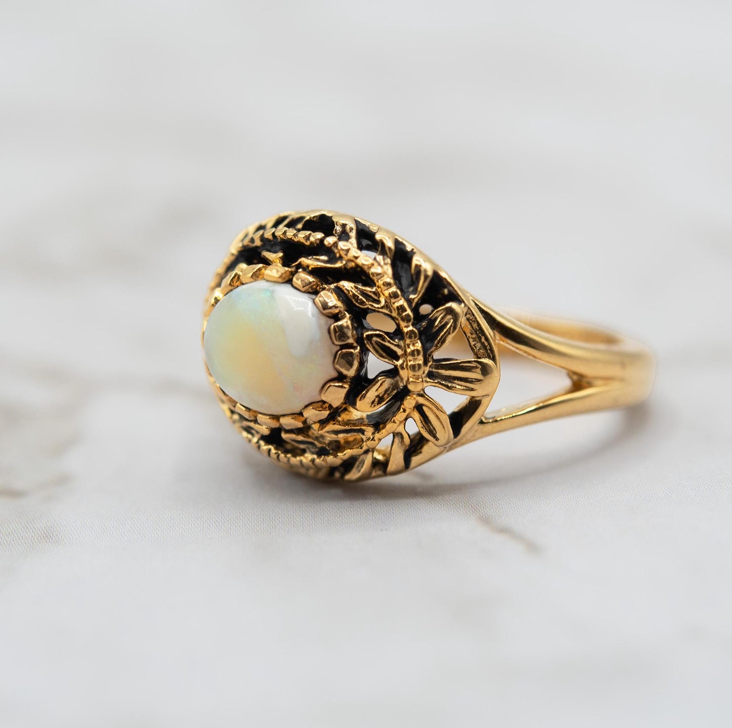 Vintage Genuine Opal or Pinfire Opal Cocktail Ring Antique Opals 18k Gold Made in the USA October Birthstone