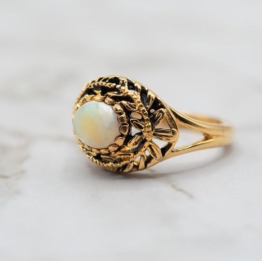 Vintage Genuine Opal Cocktail Ring Antique Opals 18k Gold Made in the USA October Birthstone - Never Worn Women's Vintage Rings