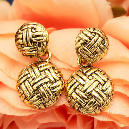 Vintage Womens Oscar De La Renta Gold Plated Weave Earrings Drop Dangle Designer Earring Jewelry For Women Handmade Antique Gold Pierced