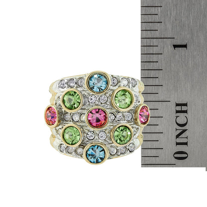 Vintage Pave Pastel Multi Color Crystals and Clear Austrian Crystal Ring 18k Yellow Gold Electroplated Made in USA