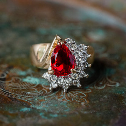 Vintage Ring Ruby Cubic Zirconia and Clear Austrian Crystals 18kt Yellow Gold Electroplated