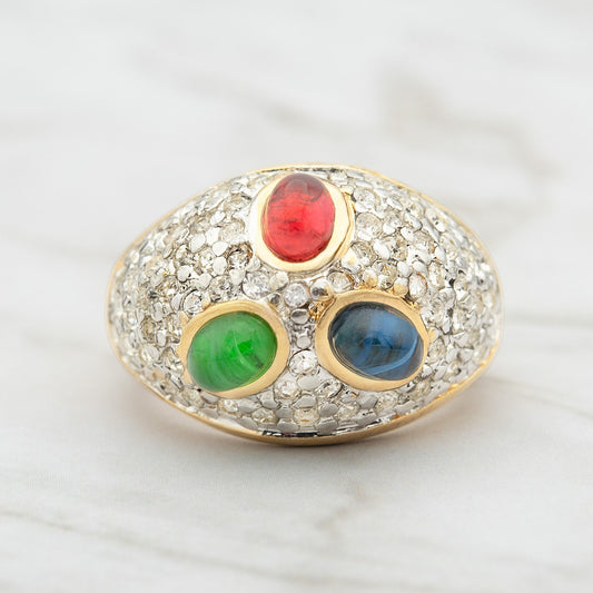 Vintage Ring Multi Colored Austrian Crystals 18k Gold 1970s Era Women's Statement Cocktail Ring