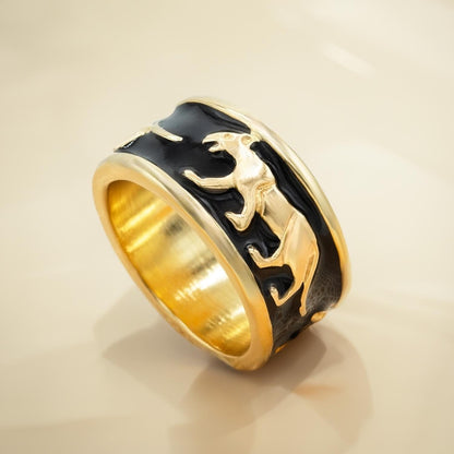 Vintage Ring 1970s Black Enamel Tiger Panter Lion Motif 18k Gold Electroplated Ring for Women or Men Band Statement Layering Unique Rings