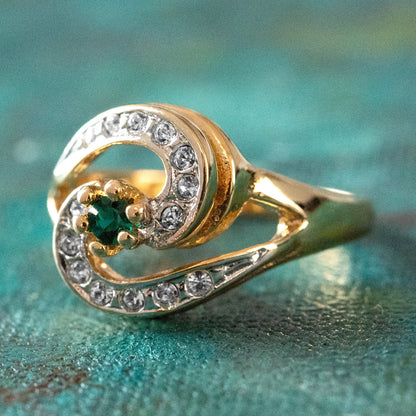 Vintage Emerald Cubic Zirconia 18k Yellow Gold Plated Ring with Clear Austrian Crystals Made in USA