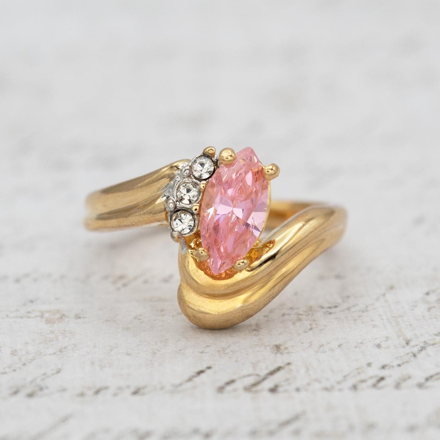 Womens Vintage 18k Gold Electroplated Ring Marquise Pink Tourmaline Cubic Zirconia and Crystal October Birthstone Ring