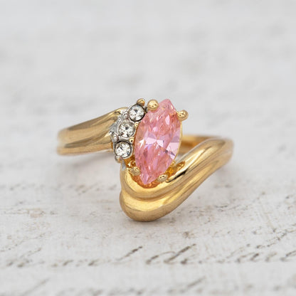 Womens Vintage 18k Gold Electroplated Ring Marquise Pink Tourmaline Cubic Zirconia and Crystal October Birthstone Ring