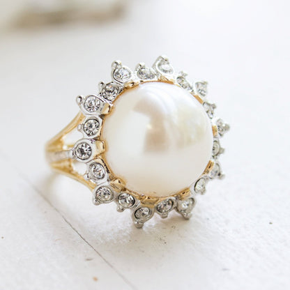 Vintage 1970's Pearl Bead and Austrian Crystal Ring 18k Yellow Gold Electroplated Made in USA