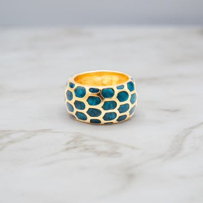 Vintage Ring 1970s Blue Turquoise Enamel 18k Gold Electroplated Ring Mid Century Design Band Ring