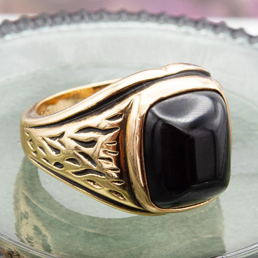 Vintage Ring 1980s Mens Black Onyx 18kt Gold Electroplated Ring Unisex Jewelry Gift for Men Dad Husband Father's Day Gift Men's Rings