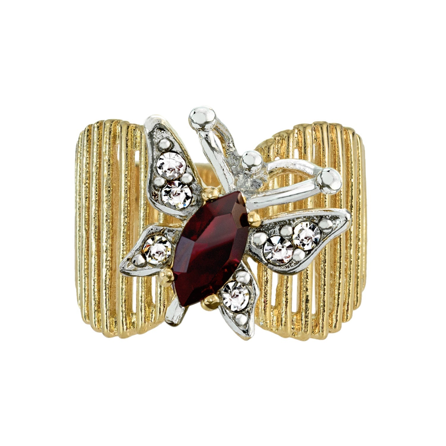 Vintage Butterfly Garnet and Clear Austrian Crystals 18kt Yellow Gold Electroplated Made in USA