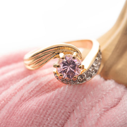 Vintage 18k Gold Electroplated Ring Pink Tourmaline Cubic Zirconia and Crystals Antique Woman Rings October Birhtstone