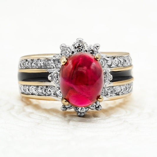 Vintage Ring 1980s Ruby Cabochon Crystal Stone Surrounded by Clear Crystals and Black Enamel Womens Antique Ring