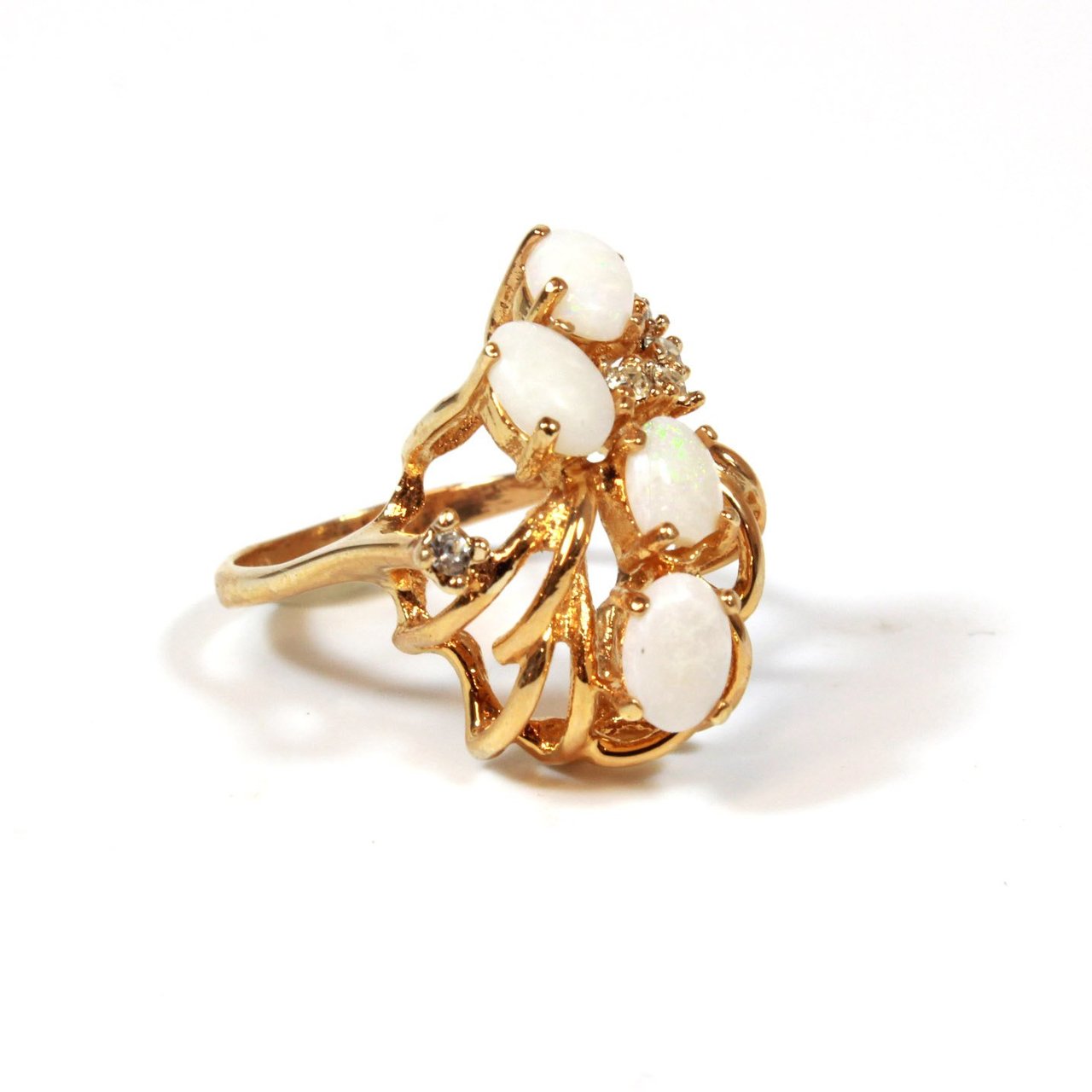 Vintage Genuine Opals Cluster with Austrian Crystals 18k Yellow Gold Plated Cocktail Ring