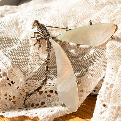 Vintage Oscar de la Renta Mother of Pearl Dragonfly Brooch Antiqued White Gold Pin with Mother of Pearl Wings