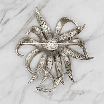Oscar de la Renta Vintage Large Flower Brooch Silver Designer Flower Pin Womens Antique Lapel Pins