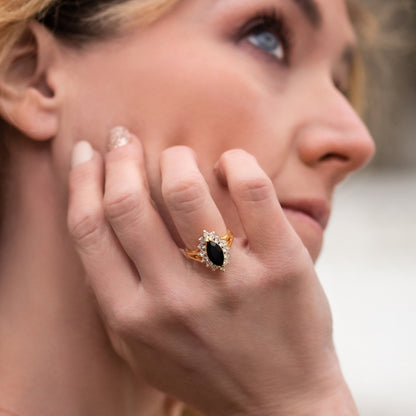 Vintage Black and Clear Austrian Crystals 18k Yellow Gold Plated Ring  R1891